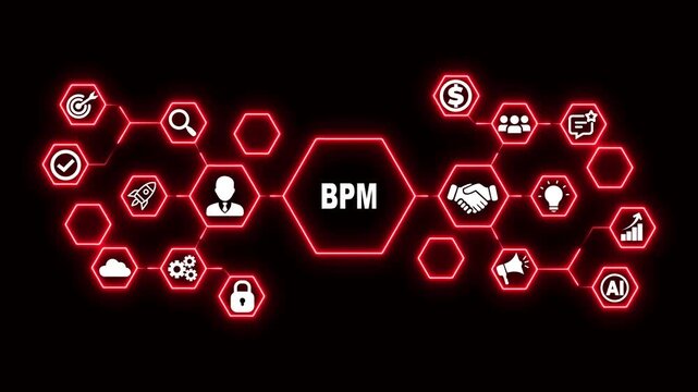Business Process Management Hexagon Technology Animation with Workflow and Automation Icons, Futuristic Digital Interface and Enterprise Process Control Concept