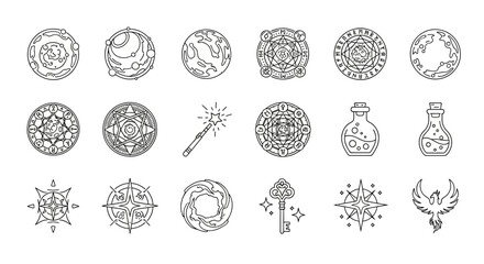 Collection of mystical symbols and magical elements for fantasy designs and illustrations with planets, talismans, and potions in a simple black line art style.