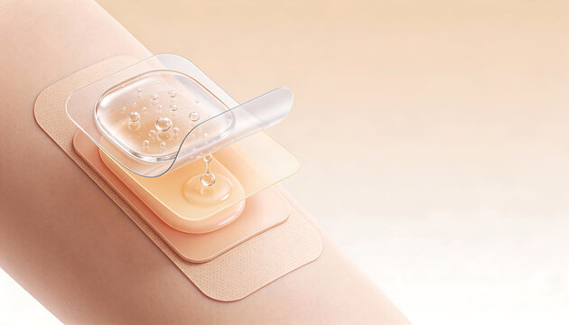 Isometric 3d hydrogel wound dressing patch on skin with transparent protective film peeled back showing moisturizing serum bubbles and droplet medical skincare concept