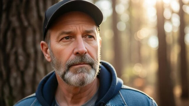 Portrait of a middleaged man with a beard and cap in a forest