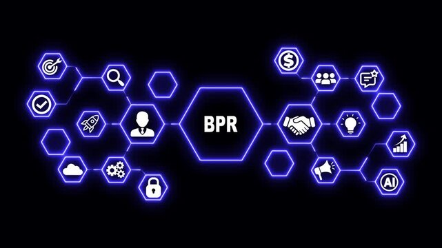 Business Process Reengineering Hexagon Technology Animation with Transformation and Redesign Icons, Futuristic Digital Interface and Enterprise Change Concept