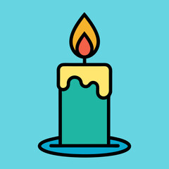 A colorful lighted candle with dripping wax, glowing brightly on a vibrant blue background
