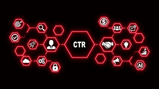 Click Through Rate Hexagon Technology Animation with Advertising Metrics Icons, Futuristic Digital Interface and Digital Campaign Performance Concept