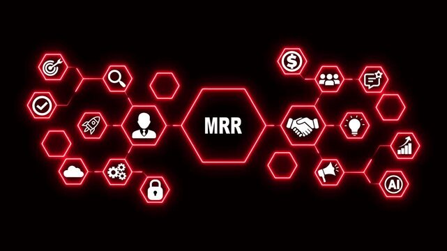 Monthly Recurring Revenue Hexagon Technology Animation with Subscription and Growth Icons, Futuristic Digital Interface and SaaS Revenue Concept