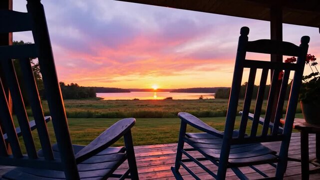 Two empty rocking chairs face a vibrant sunset over a tranquil lake
