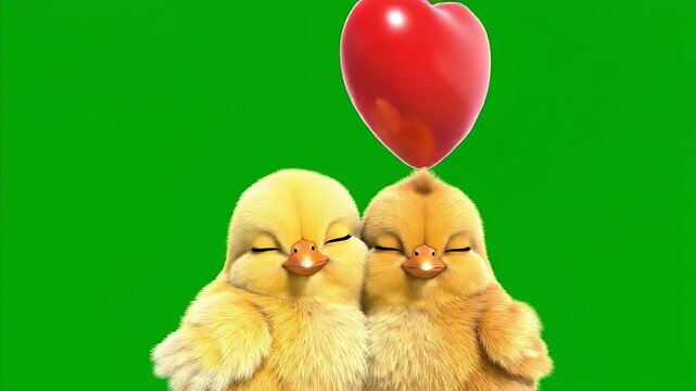 Two Animated Chicks with Heart Balloon - This video features two cartoon chicks standing closely together, with their beaks almost touching.