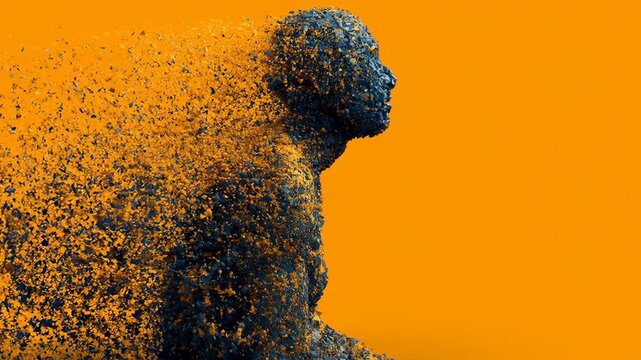 Particle effect showing abstract emotional loss concept. A human silhouette dissolves into particles against a vibrant orange background.