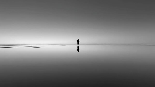 Particle effect showing abstract emotional loss concept. A solitary figure stands amidst a serene, reflective landscape, conveying deep solitude.