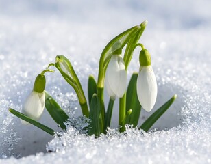 Snowdrops emerging through snow with green stems