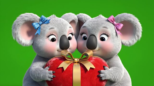 Two Koala Bears Holding Heart - This video shows two cute cartoon koala bears holding a heart shaped gift, the bears both have bows on their heads. The background is a solid green.
