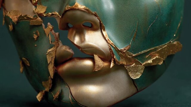 Particle effect showing abstract emotional loss concept. A mask appears fragmented, symbolizing inner turmoil and the struggle with identity.