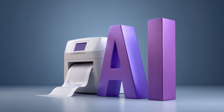 AI concept with printer producing long receipt style printout, futuristic purple letters