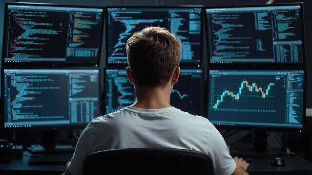 A male programmer sits at a desk, intently focused on multiple computer monitors displaying complex code and financial graphs.