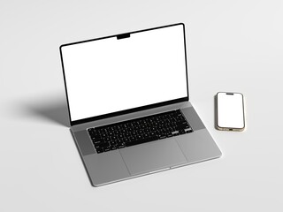 Realistic Laptop and Smartphone Device Mockup with light grey background 