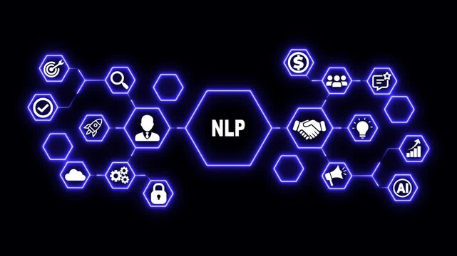 Natural Language Processing Hexagon Technology Animation with Text Analysis and AI Language Icons, Futuristic Digital Interface and Smart Communication Concept