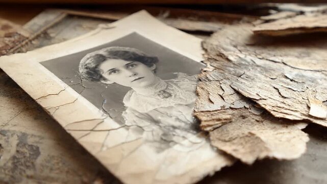 Particle effect showing abstract emotional loss concept. An old, cracked photograph is surrounded by deteriorating materials, evoking nostalgia.