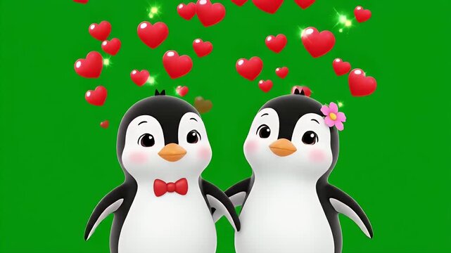 Cartoon Penguins in Love on Green Screen - Two cartoon penguins, a male with a bow tie and a female with a flower, stand on a green screen. Red hearts and sparkles float above them.