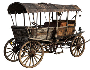 Weathered wooden wagon, vintage, rustic, covered transport with seating