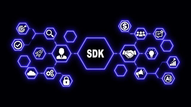 Software Development Kit Hexagon Technology Animation with Developer Tools and Code Icons, Futuristic Digital Interface and Application Development Concept