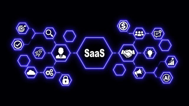 Software as a Service Hexagon Technology Animation with Cloud Application and Subscription Icons, Futuristic Digital Interface and SaaS Platform Concept