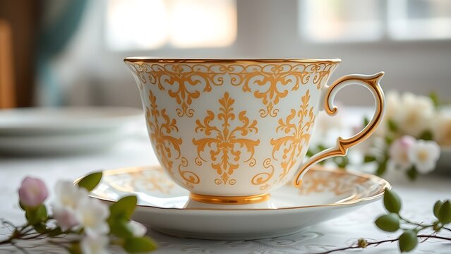 regularizing. Elegant white porcelain teacup with gold filigree patterns, soft window light highlighting delicate details. bar promotions.