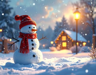 A snowman in a winter scene with a house and streetlight