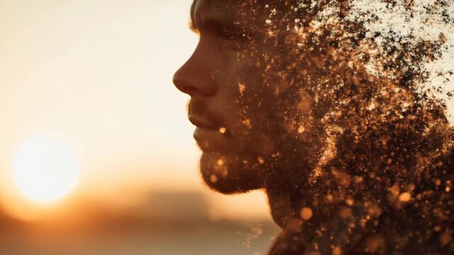 Particle effect showing abstract emotional loss concept. Silhouette of a person dissolving into particles during sunset.