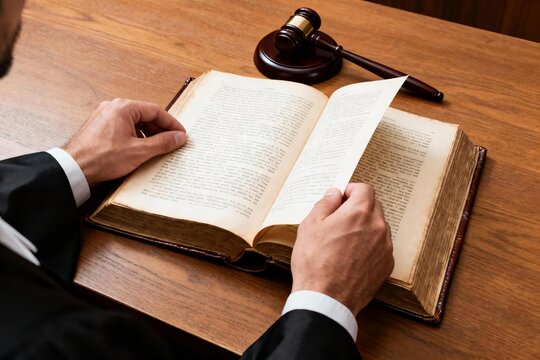 Person in Suit Reading Old Law Book with Gavel on Wooden Table