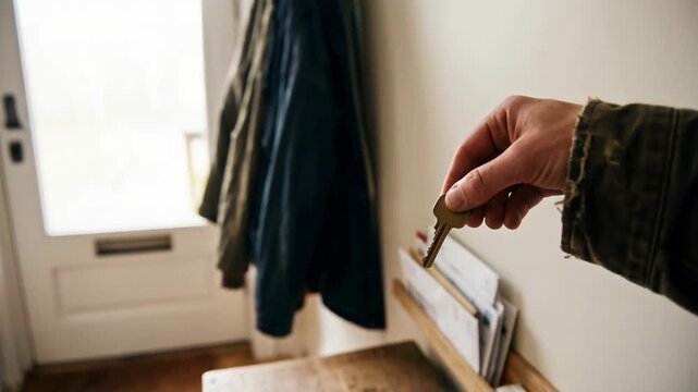 Key hand door home entry table mail jacket autonomous ai agentic workflow delegation concept over rustic wooden table with coin wallet in hallway