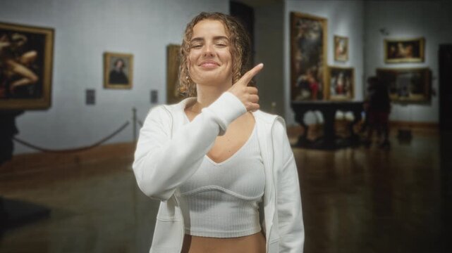 Young woman points finger at a framed painting inside a building gallery, wearing white crop top and hoodie with visible navel piercing and curly hair; playful self expression.