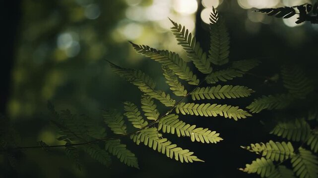 Green fern frond with delicate leaflets bathed in warm sunlight, casting soft shadows and bokeh highlights for a tranquil, lush forest macro scene of fresh growth