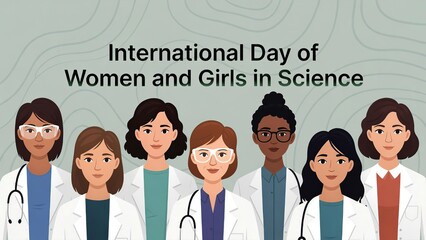 A diverse group of cartoon women scientists, dressed in lab coats, smiles under the text 'International Day of Women and Girls in Science.'