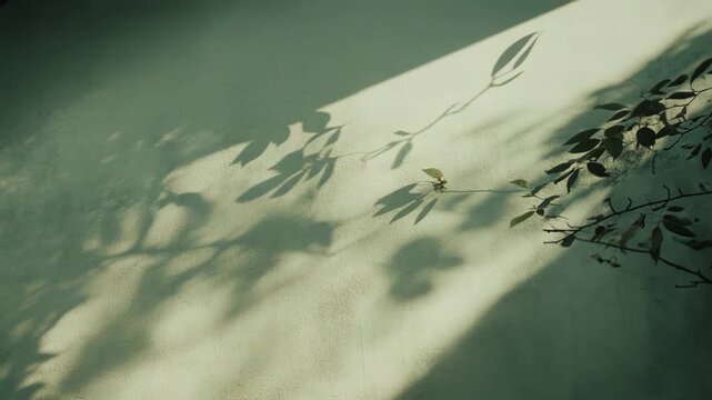 Sunlight creates an abstract natural pattern as leaves and dendroid shapes project their dark silhouettes onto a rough, light colored architectural surface, offering a peaceful background