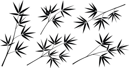 Obraz premium Black bamboo leaf silhouette collection on white background for zen nature design, asian oriental style pattern, tropical plant decoration, and minimalist botanical art concept