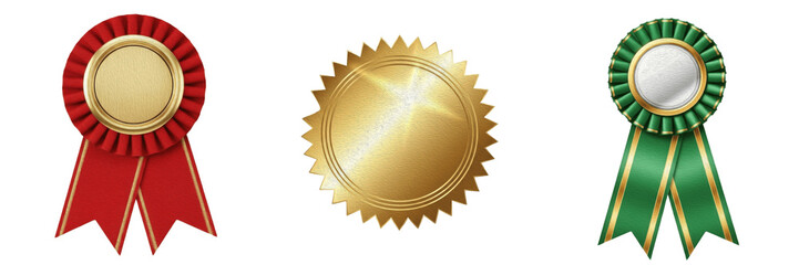 Award Badges and Medals Set Isolated on White Background &ndash; Gold, Red and Green Prize Ribbons