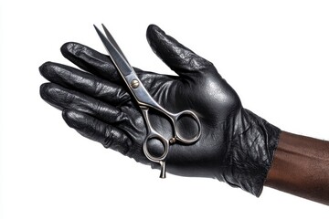 a professional photograph shows the hand of a black hair stylist, wearing black leather gloves, holding a pair of scissors against a white background.