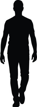Full body black silhouette of a man walking forward on white background, male figure in casual clothes moving towards camera, isolated person vector illustration