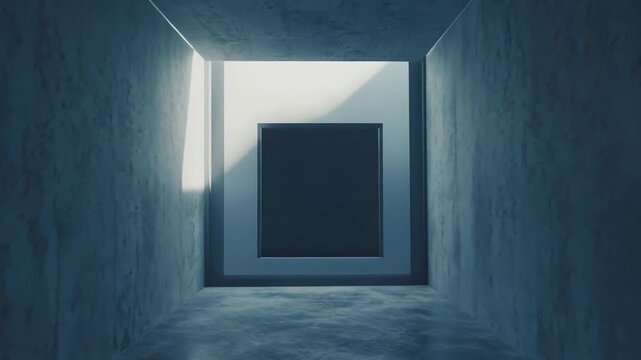 Abstract dark concrete tunnel creating a futuristic pathway towards a glowing bright square portal, symbolizing opportunity, innovation, and an unknown future