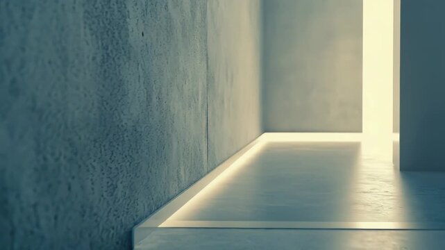 Contemporary concrete corridor leading into a brightly illuminated space, featuring subtle indirect lighting along the wall and floor, creating a sense of direction and clean design