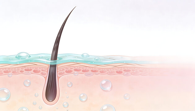 Simplified skin cross section with single hair follicle and blue moisture layer bubbles dermatology hydration concept illustration