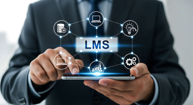 Businessman using smartphone for LMS learning management system platform