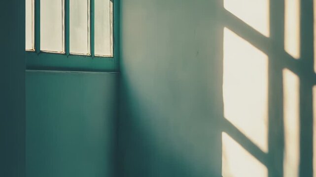 Sunlight is casting a geometric grid shadow from a window frame onto a teal wall, creating a dynamic interplay of light and dark, evoking feelings of calm and simplicity