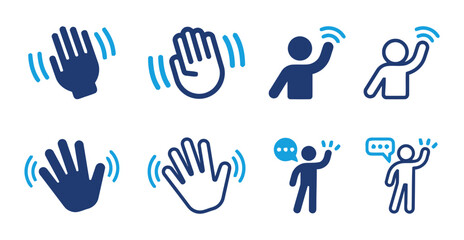 Waving hand and greeting person icons in blue and navy blue, representing hello, welcome, and communication, for social and chat elements © NoorNiqabiQueen