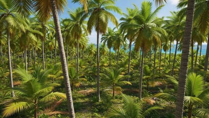 A lush, tropical palm tree forest with a clear blue sky and calm ocean in the background.