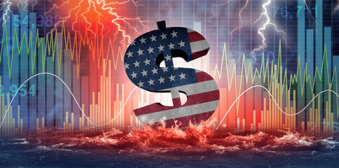 Crashing US Dollar and falling price of American currency as a Wall Street crisis and economic collapse or financial disaster and United States recess