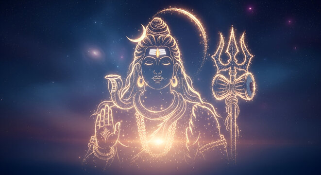 Glowing Lord Shiva outline art with trishul crescent moon and cosmic light representing devotion spirituality universe energy and Maha Shivratri celebration