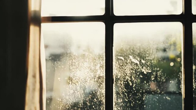 Sunlight warms dusty old window glass and wooden frame, casting soft bokeh on blurred trees and buildings outside, evoking quiet domestic nostalgia and passing time