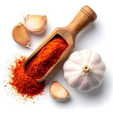 Wooden scoop of red chili powder with sliced garlic on a white background