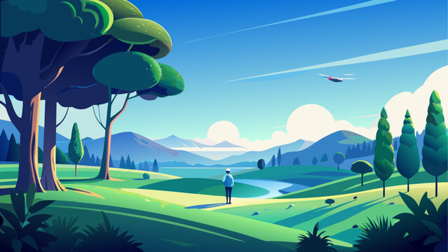 Golfer on lush green course at sunset with futuristic trees and airplane flying over mountains