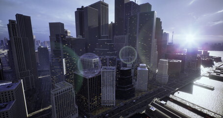 Obraz premium Dramatic dusk skyline with neon lens flare, modern highrises casting bold silhouettes over waterfront, reflective glass and vibrant lights, tech vibe with smart